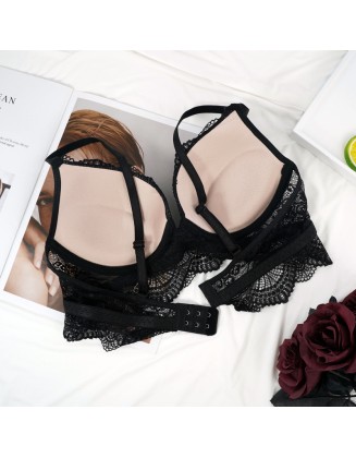Lace bra thick cup T-underwear three rows of two-button bra