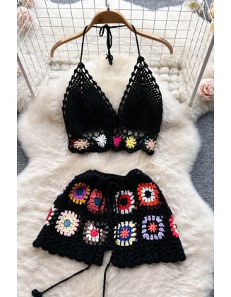 Knit Two Piece Suit Women Backless Camisole Drawstring Mini Shorts Fashion Beach Style Matching Sets
