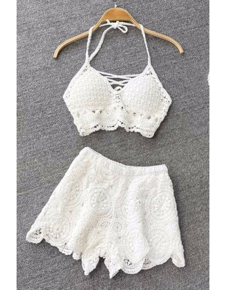 Knit Two Piece Sets Women Vacation Backless Camisole Elastic Waist Shorts Hollow Out Beach Style Suits