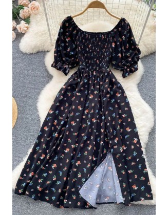 Women Dress Fashion Romantic Floral Print Split Long Dress