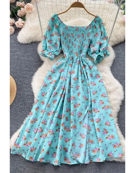 Women Dress Fashion Romantic Floral Print Split Long Dress