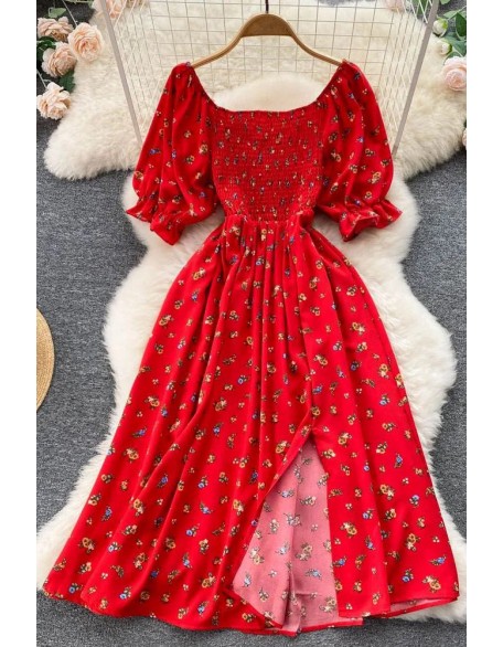 Women Dress Fashion Romantic Floral Print Split Long Dress