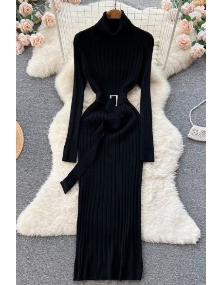 Women Dress Elegant Turtleneck Knitted Sweater Dress with Belt Lady Wrap Hips Bodycon