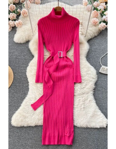 Women Dress Elegant Turtleneck Knitted Sweater Dress with Belt Lady Wrap Hips Bodycon