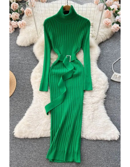 Women Dress Elegant Turtleneck Knitted Sweater Dress with Belt Lady Wrap Hips Bodycon