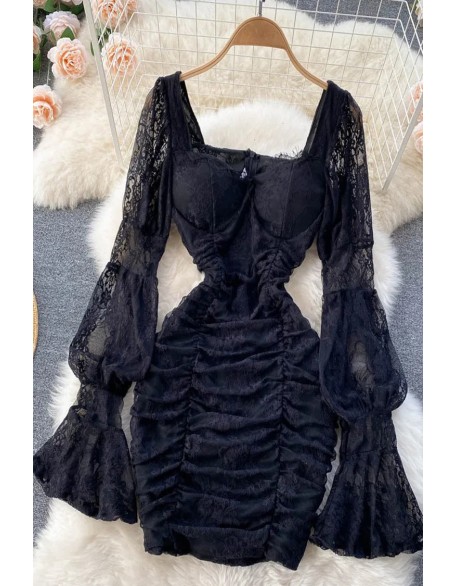 Romantic Women Lace Bodycon Party Dress Elegant Lantern Sleeve Gothic Mini Dress Vestido