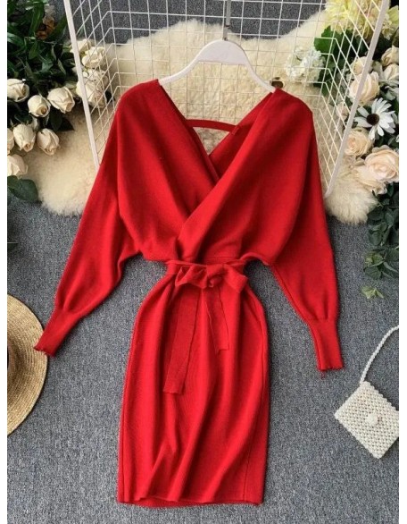 Women Knitted Sweater Dress V Neck Elegant Dress Ladies Bandage Dress