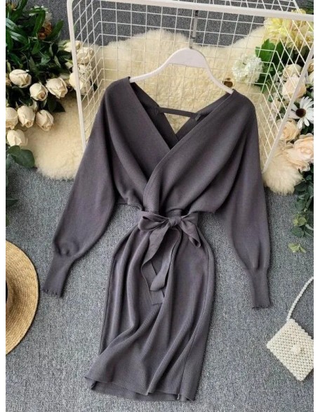 Women Knitted Sweater Dress V Neck Elegant Dress Ladies Bandage Dress