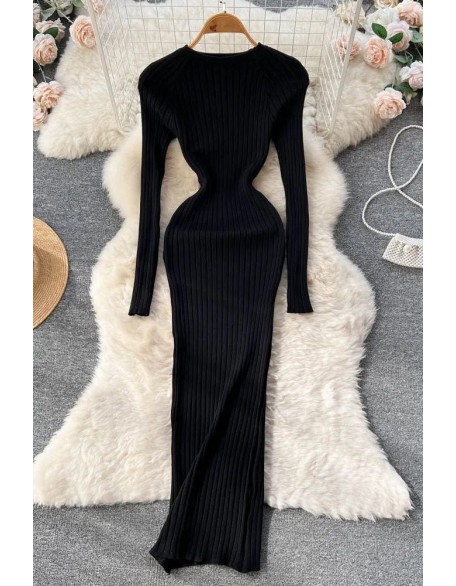 Women Long Sleeve Knitted Dress O Neck Slim Elastic Oversized Bodycon Sweater Dress