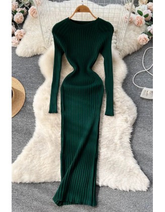 Women Long Sleeve Knitted Dress O Neck Slim Elastic Oversized Bodycon Sweater Dress