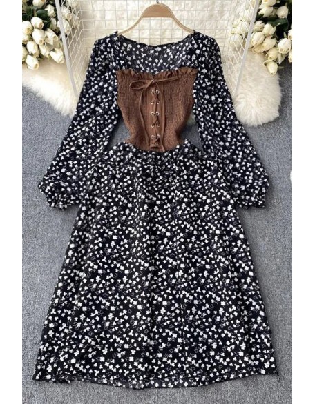 Floral Print Gothic Bandage Long Dress Women Elegant Puff Sleeve Elastic Waist Party Dress