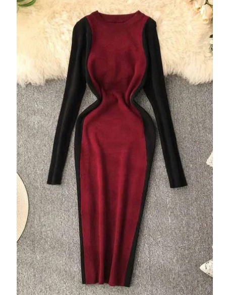 Women Contrast Color Bodycon Dress Fashion Knitted Knee Length Dress