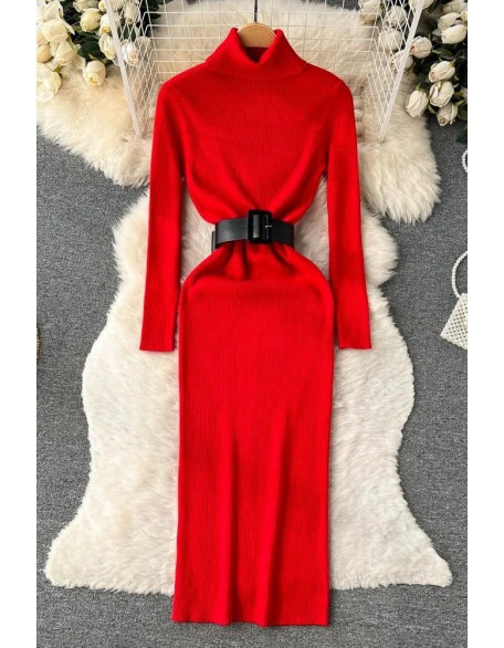 Knitted Women Dress Chic Elegant Turtleneck Long Sweater Dress with Belt Lady Package Hips Bodycon Dress