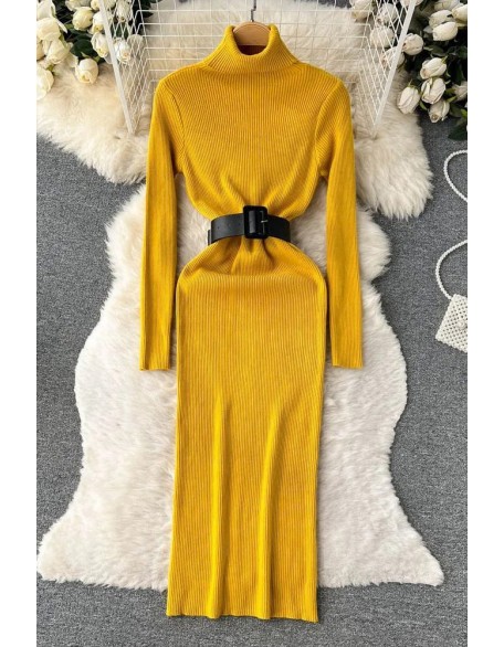 Knitted Women Dress Chic Elegant Turtleneck Long Sweater Dress with Belt Lady Package Hips Bodycon Dress