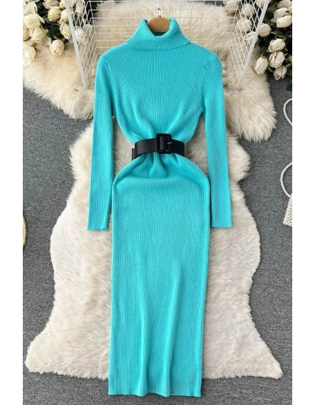 Knitted Women Dress Chic Elegant Turtleneck Long Sweater Dress with Belt Lady Package Hips Bodycon Dress