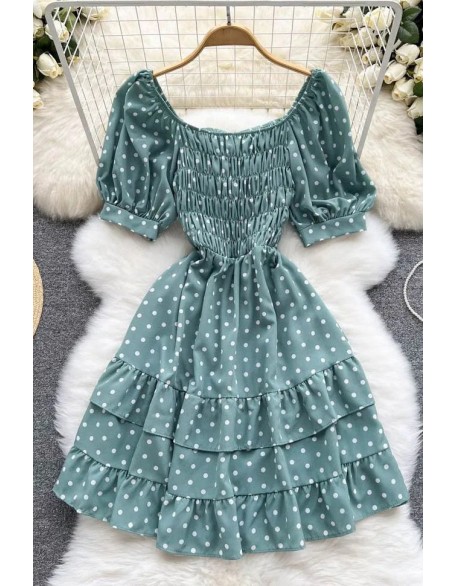 High Fashion Elegant Cascading Ruffles Dress Women Vintage Puff Sleeve Print Polka Dot Short Party Dress