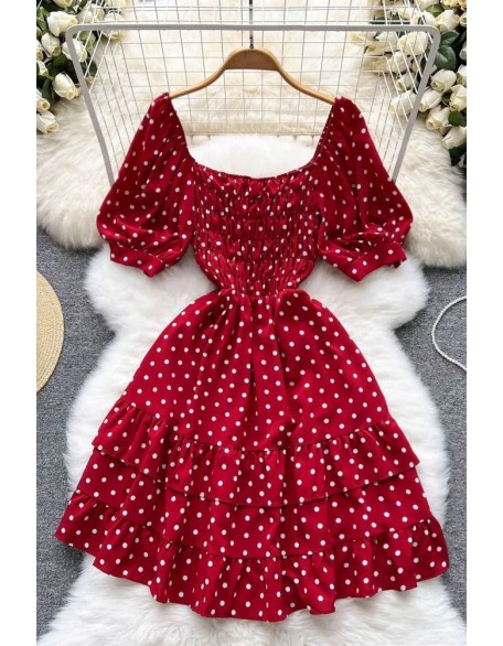 High Fashion Elegant Cascading Ruffles Dress Women Vintage Puff Sleeve Print Polka Dot Short Party Dress