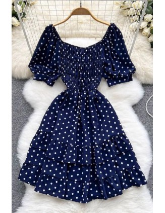 High Fashion Elegant Cascading Ruffles Dress Women Vintage Puff Sleeve Print Polka Dot Short Party Dress