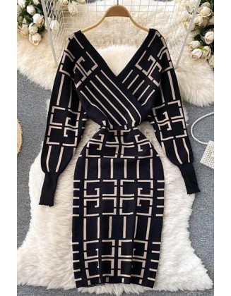 Women Knitted Dress V-neck Geometric Bodycon Sweater Dress