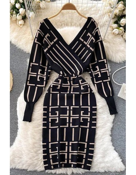 Women Knitted Dress V-neck Geometric Bodycon Sweater Dress