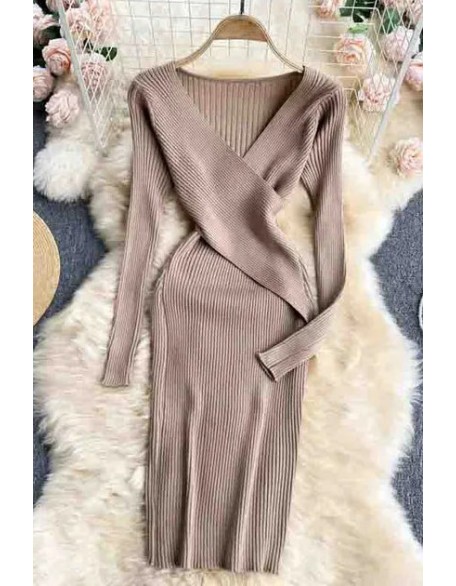 Lady Elegant V-neck Cross Slim Waist Women Dress Long Sleeve Knitted Sweater Dress