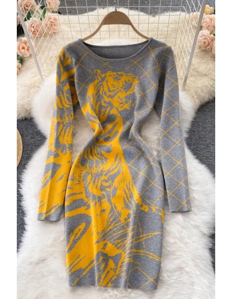 Fashion Tiger Knitted Dress Animal Jacquard Sweater Dress Party Bodycon Festival Women Dress