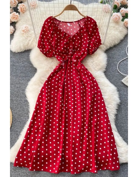 Women Print Polka Dot Dress Retro Puff Sleeve V-neck Elegant Dress