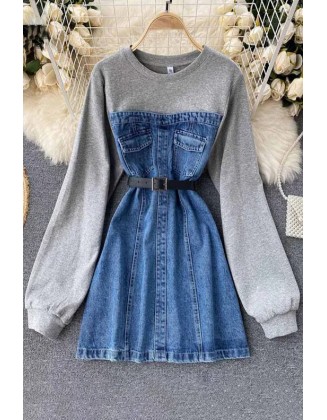 Women Hoodies Denim Dress Fashion Long Sleeve Cotton Patchwork Mini Jeans Dress With Belt