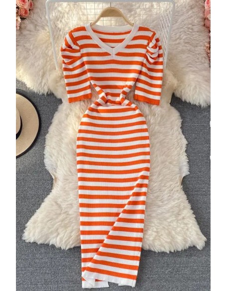 Women Elegant Puff Sleeve Stripes Knitted Long Dress Lady Package Hips Bodycon Dress