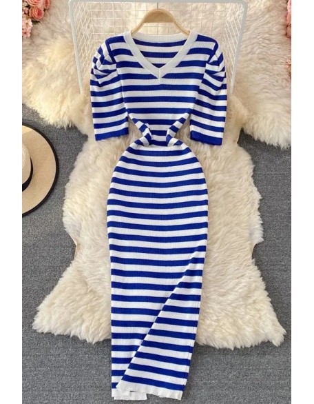 Women Elegant Puff Sleeve Stripes Knitted Long Dress Lady Package Hips Bodycon Dress