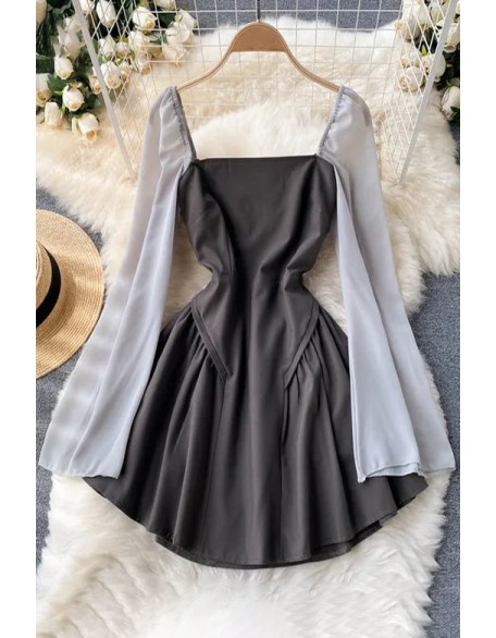 High Waist A-line Mini Dress Women Long Flare Sleeve Party Dress White Ladies Dresses