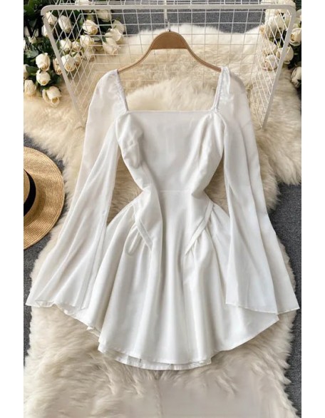 High Waist A-line Mini Dress Women Long Flare Sleeve Party Dress White Ladies Dresses