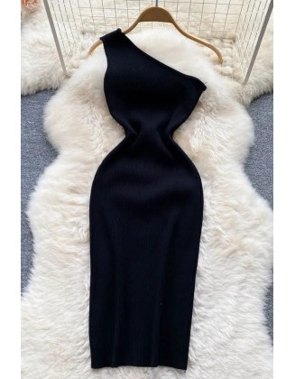 Women Dress One Shoulder Knitted Bodycon Dress Office Lady Outfits Elegant Dress