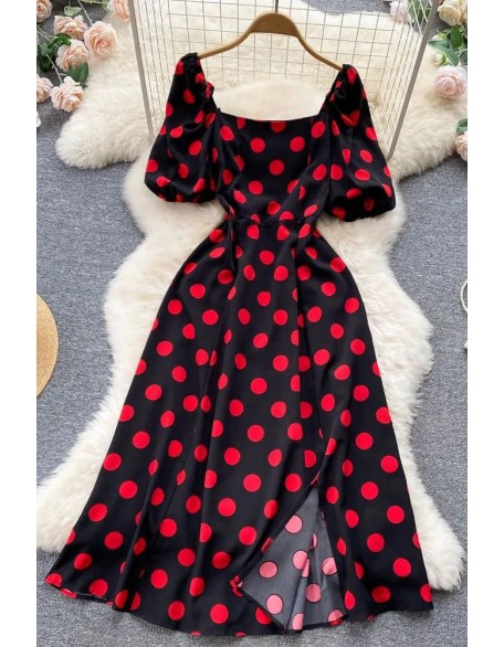 Big Polka Dot Long Women Dress Elegant Puff Sleeve Split Big Hem Dress