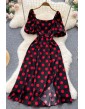 Big Polka Dot Long Women Dress Elegant Puff Sleeve Split Big Hem Dress