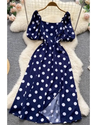 Big Polka Dot Long Women Dress Elegant Puff Sleeve Split Big Hem Dress