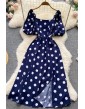 Big Polka Dot Long Women Dress Elegant Puff Sleeve Split Big Hem Dress