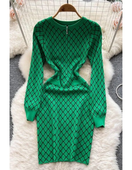 Fashion Geometric Knitted Vestidos Women Casual Long Sleeve Zipper O-neck Short Dress