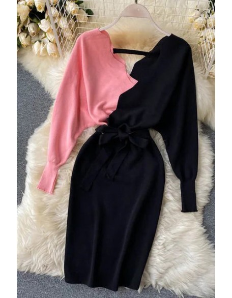 Elegant Sashes V Neck Knit Dress Women Backless Long Sleeve Sweater Dress