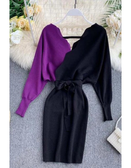 Elegant Sashes V Neck Knit Dress Women Backless Long Sleeve Sweater Dress