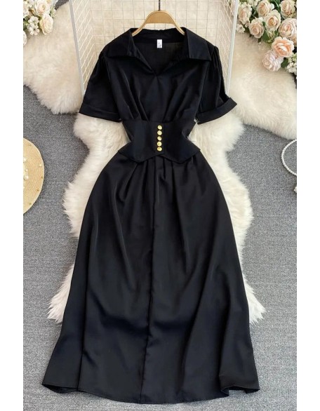 Women Elegant Buttons Slim Waist Long Dress Fashion Gothic Dress