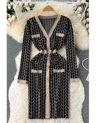 Women Dress Fashion V-neck Buttons Split Knitted Sweater Dress