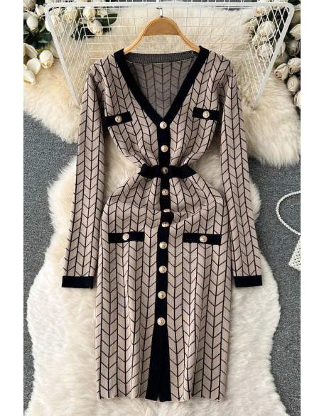 Women Dress Fashion V-neck Buttons Split Knitted Sweater Dress