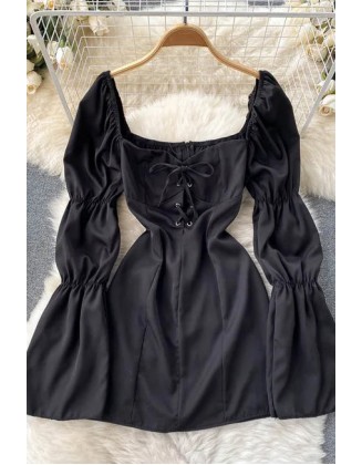 Bandage Mini Dress Women Long Puff Sleeve Elegant Gothic High Waist Party Dress