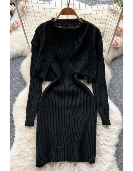 Women Dress Set Fashion Knitted Straps Bodycon Mini Dress and Full Sleeve Short Cardigans Sweaters