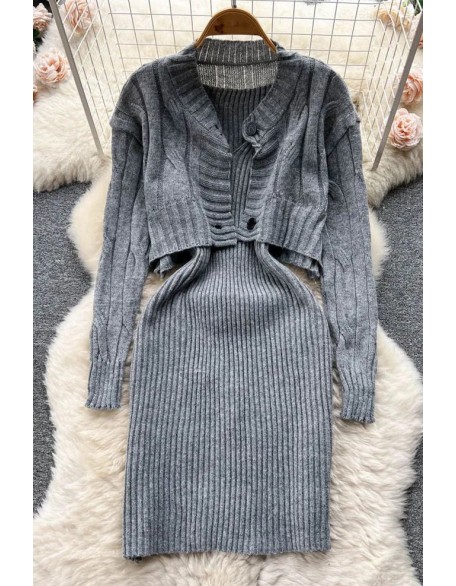 Women Dress Set Fashion Knitted Straps Bodycon Mini Dress and Full Sleeve Short Cardigans Sweaters