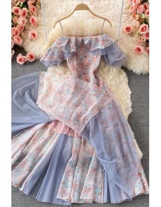 Romantic Lace Patchwork Floral Print Long Dress Women Fashion Off Shoulders High Split Party Dress