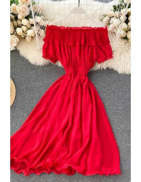 Women Dress Fashion Off Shoulder Chiffon Dress Solid Vestidos Short Puff Sleeve Ruffles Holiday Dress