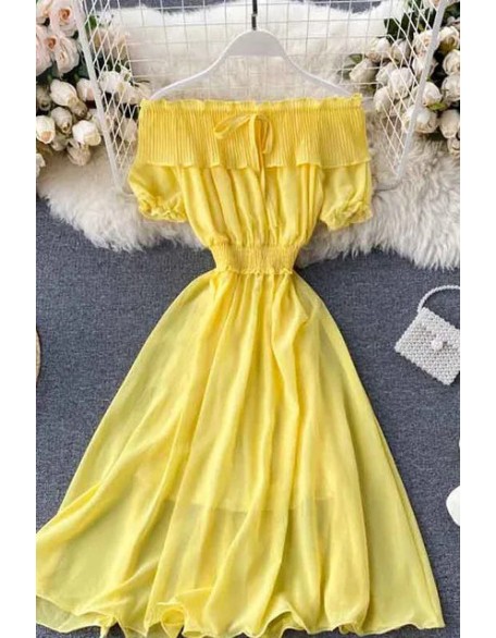 Women Dress Fashion Off Shoulder Chiffon Dress Solid Vestidos Short Puff Sleeve Ruffles Holiday Dress