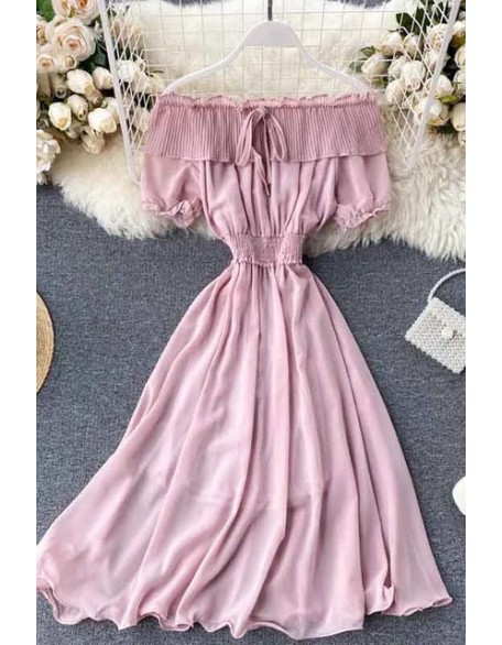 Women Dress Fashion Off Shoulder Chiffon Dress Solid Vestidos Short Puff Sleeve Ruffles Holiday Dress